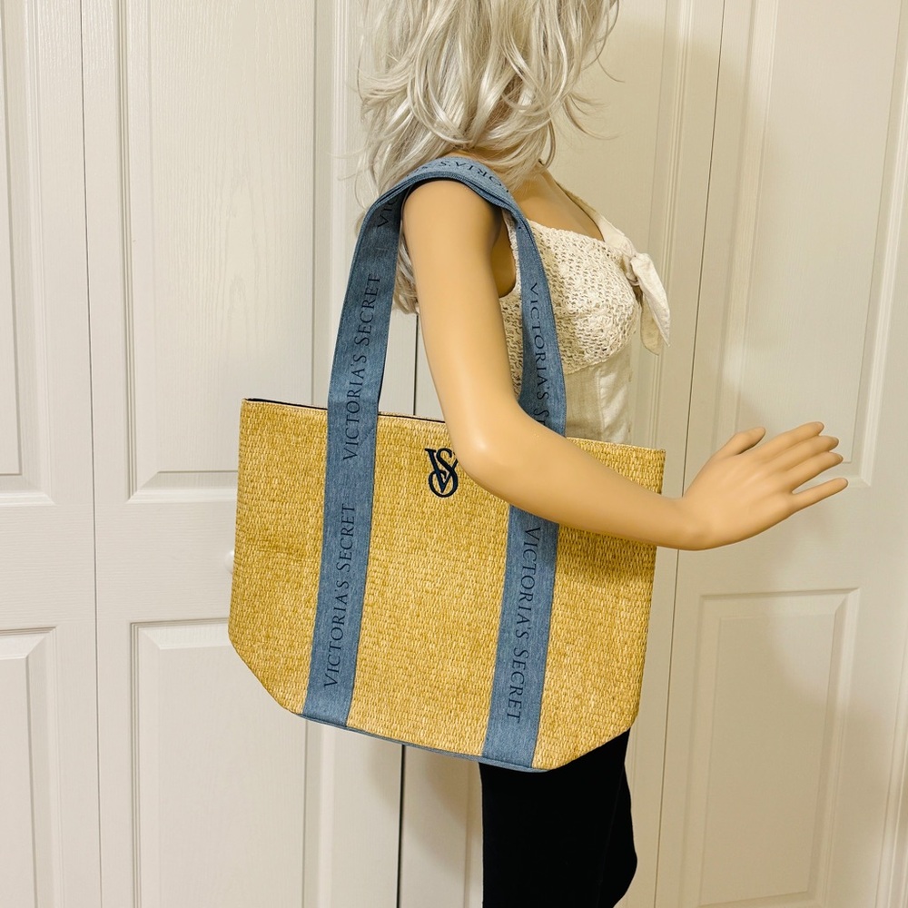Victoria’s Secret Straw Beige Blue Tote Bag NWT - Picture 9 of 13